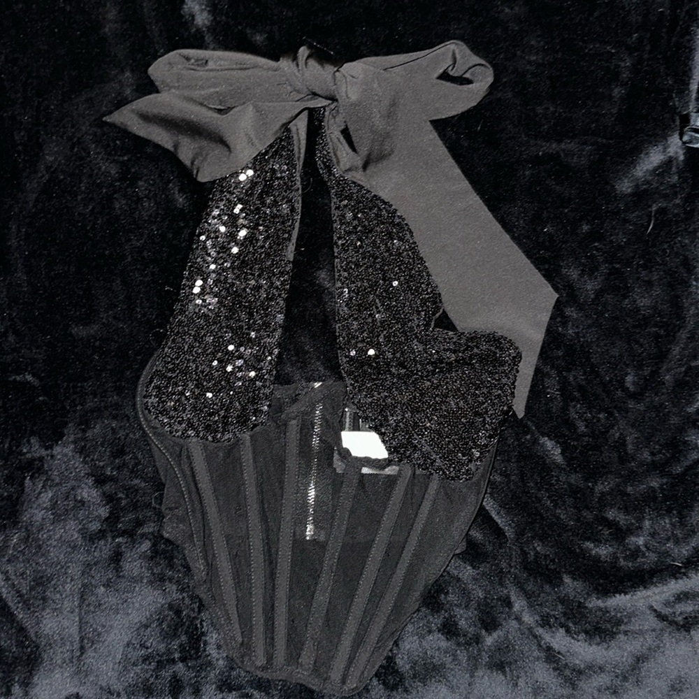 Shape black sequin mesh wrap neck corset